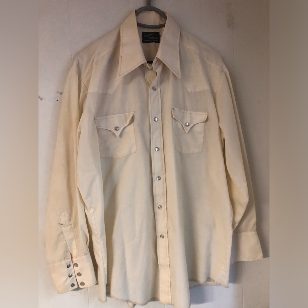 Champion Westerns Shirt Mens Pearl Snap Long Sleeve Off White Xl Vintage